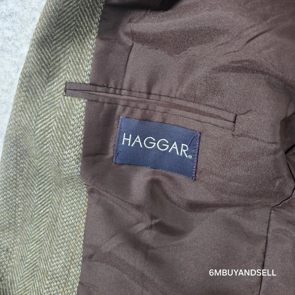 Haggar Mens‎ 42R Wool Herringbone Blazer Sport Coat Olive Brown Vintage
